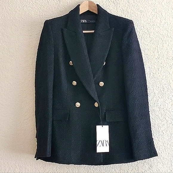 ZARA Tweed Textured Weave Double Breasted  Blazer Black - Picture 15 of 15